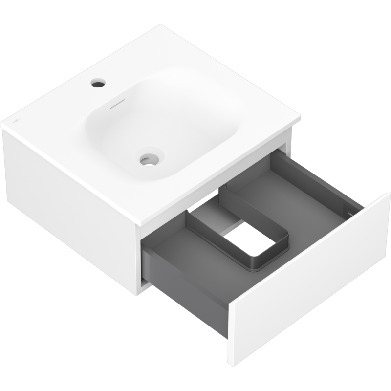 Baderomsskap med vask 50 cm hvit matt, åpen skuff med inndeling, sett skrått ovenfra.