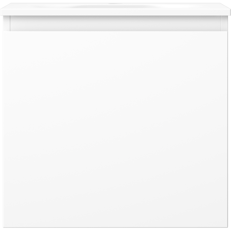 Servant med skap i hvit matt finish, rektangulær front uten synlige håndtak, minimalistisk design.