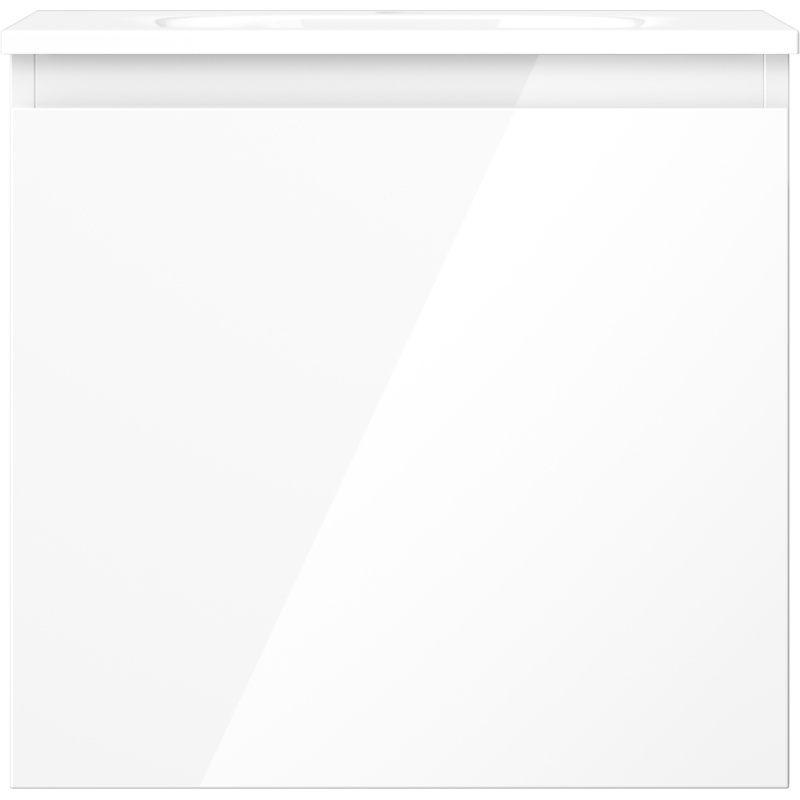 Servant med skap i hvit høyglans, sett forfra med minimalistisk design og glatt overflate.