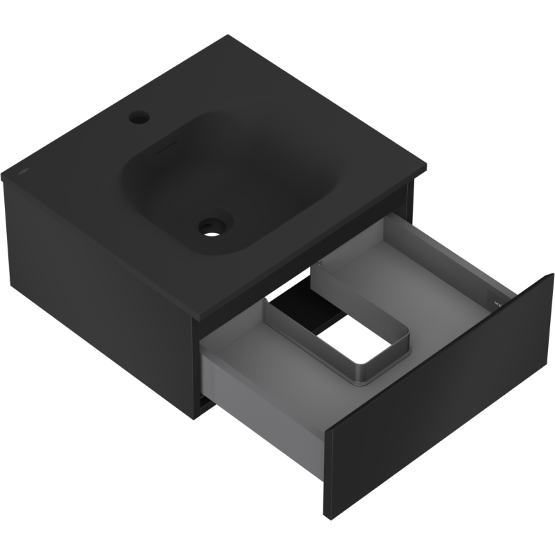 Baderomsskap med vask 50 cm i svart matt med åpen skuff og U-formet innredning for avløpsrør.