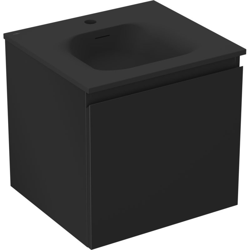 Servantskap med vask 50 cm svart matt med én skuff og integrert servant, sett fra skrå vinkel.