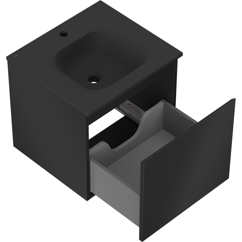 Baderomsskap med vask 50 cm svart matt, åpen skuff med inndeling rundt avløpet.