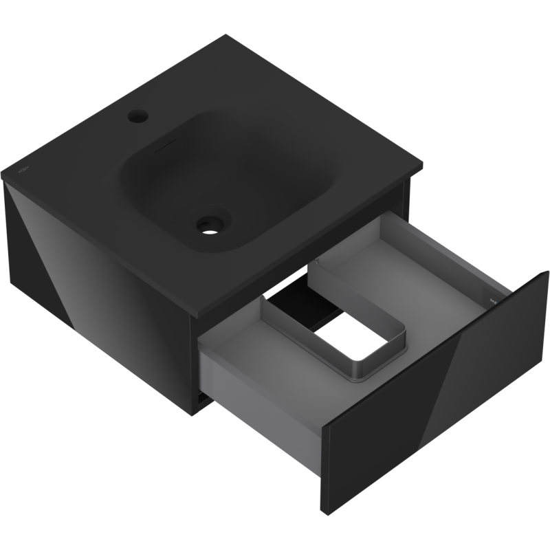 Baderomsskap med vask Mexen Orio 50 cm i svart med åpen skuff og utsparing, sett skrått ovenfra.