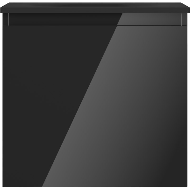 Servant med skap 50 cm svart høyglans, rett forfra med glatt front uten synlige håndtak.