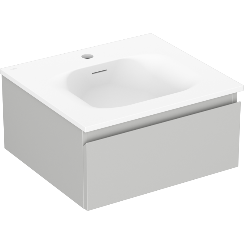 Servantskap med vask 50 cm i hvit og lysegrå matt finish, sett forfra i skrå vinkel.