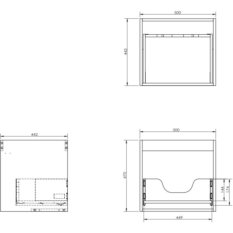 Baderomsskap med servant teknisk tegning som viser mål og tre sider av Mexen Orio 50 cm.