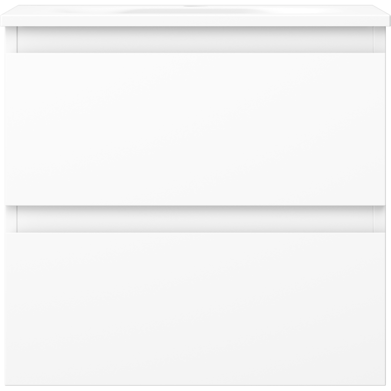 Servant med skap i hvit matt finish med to skuffer og håndtaksløst, minimalistisk design.