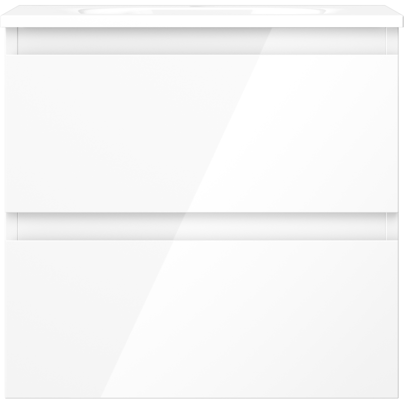 Servant med skap i hvit høyglans, to skuffer og integrerte horisontale grep, sett forfra.