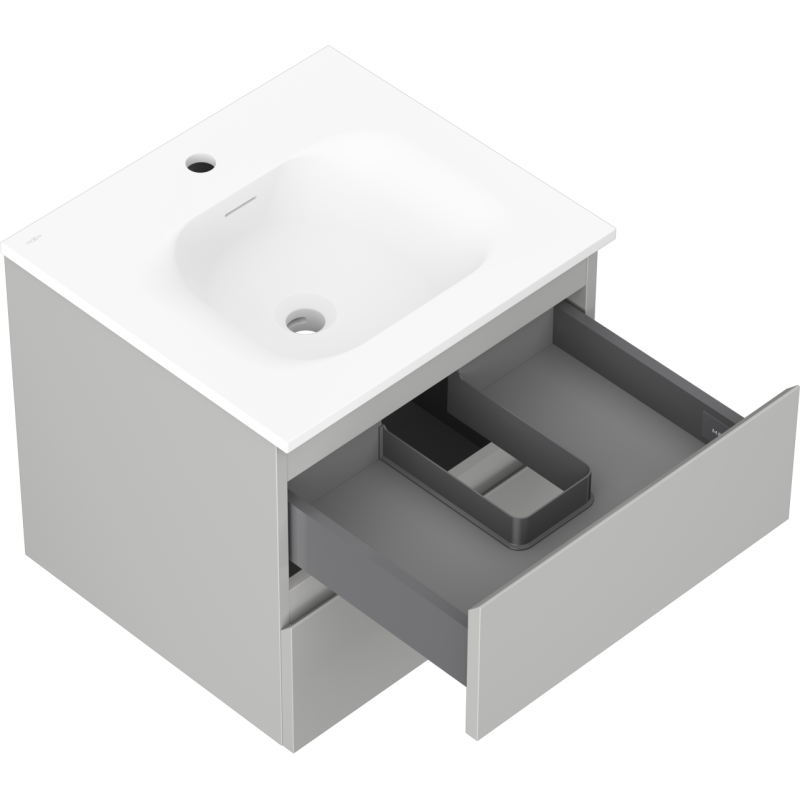 Baderomsskap med vask 50 cm Mexen Orio sett ovenfra, åpen skuff med grå inndeling og avløpsutskjæring.