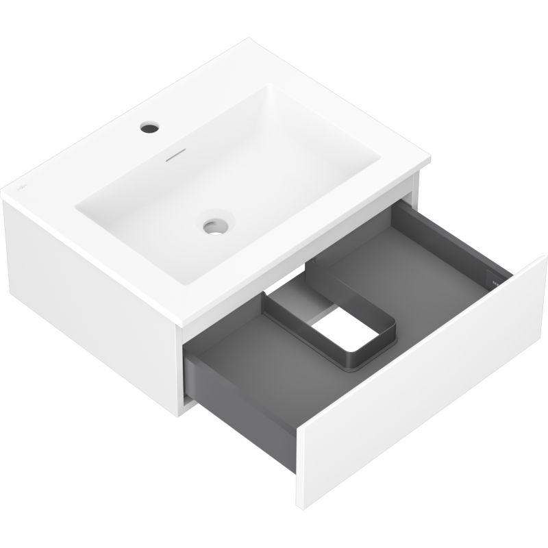 Baderomsskap med vask 60 cm hvit matt, én stor uttrekkbar skuff med grå innside og avløpsutsparing.