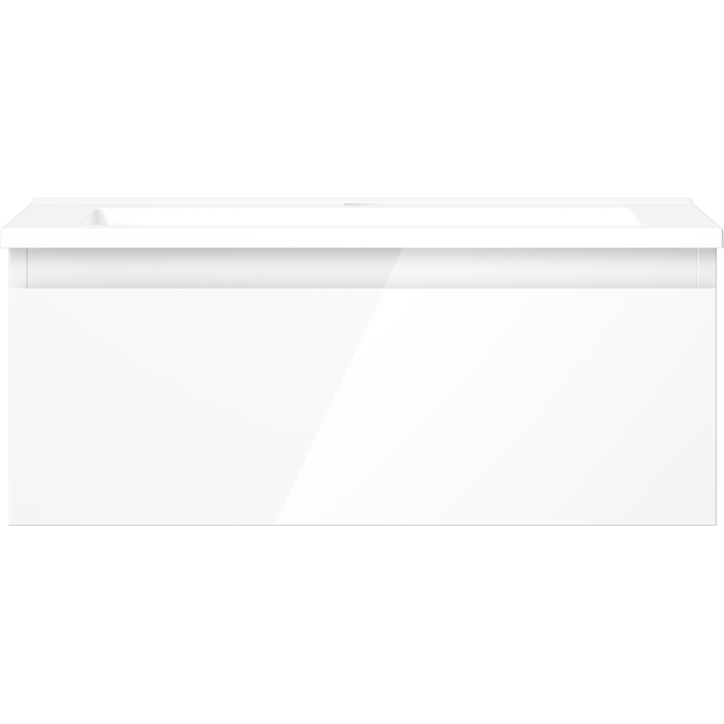 Servant med skap i hvit høyglans, rektangulær form, sett rett forfra, minimalistisk design.