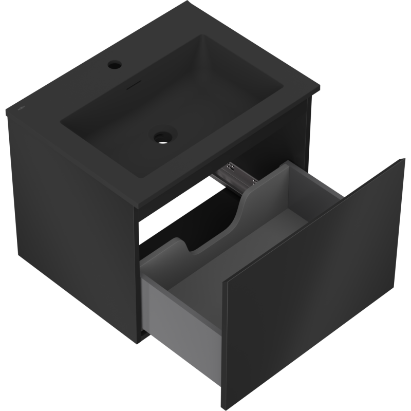 Baderomsskap med vask 60 cm svart matt, åpen skuff og utsparing for avløpsrør sett ovenfra.