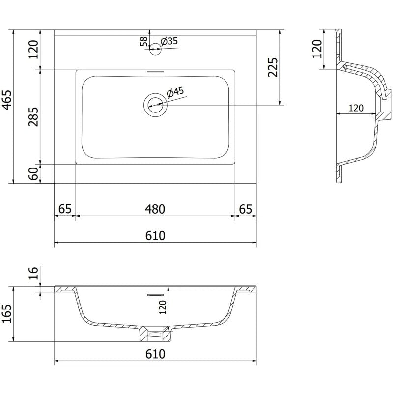 Servant med skap teknisk tegning av hvit rektangulær servant med mål og dimensjoner i millimeter.
