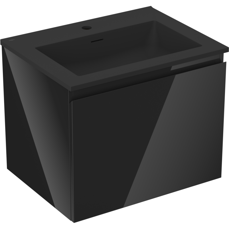 Servantskap med vask 60 cm svart matt, én skuff og integrert håndtak, sett fra skrå vinkel.