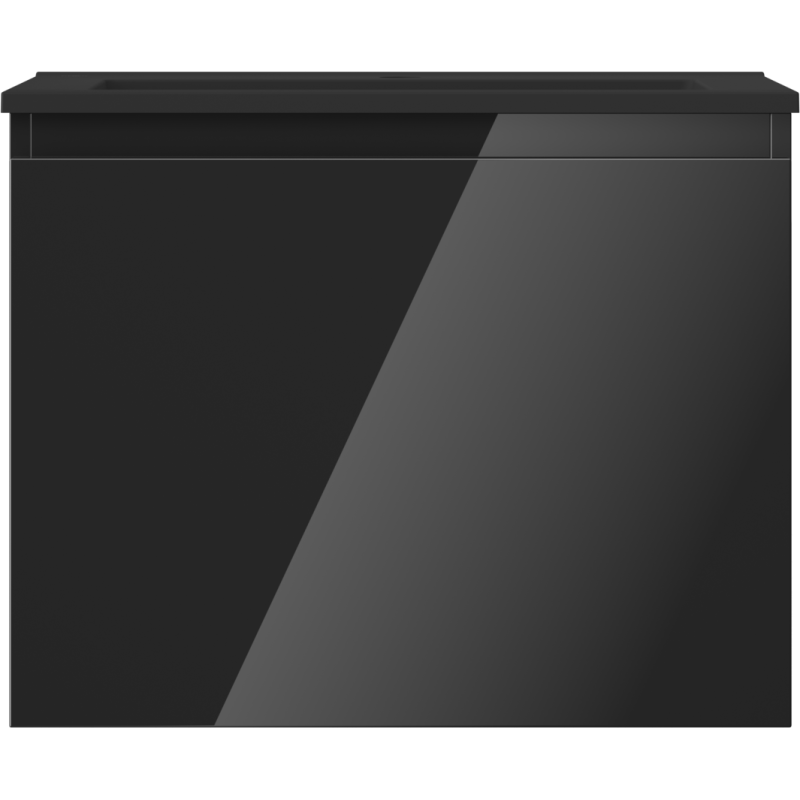 Servant med skap i svart høyglans, rektangulær modell sett rett forfra uten synlige håndtak.