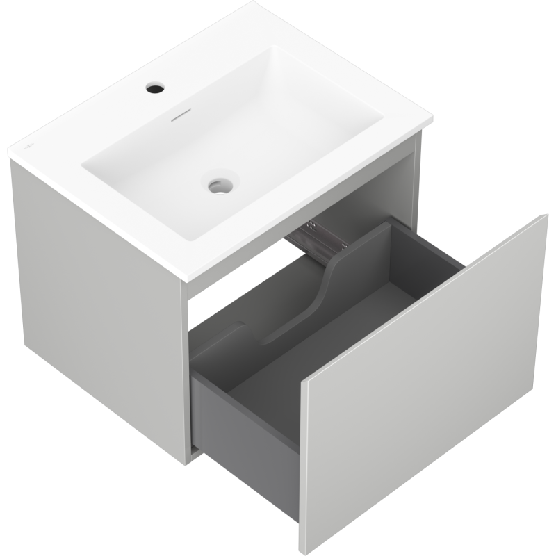 Baderomsskap med vask 60 cm Mexen Orio Otis, åpen skuff med rominndeling, sett skrått ovenfra.