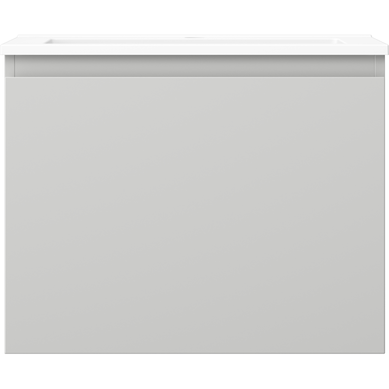 Servant med skap i grått med hvit topp, minimalistisk design og integrert håndtak, sett forfra.