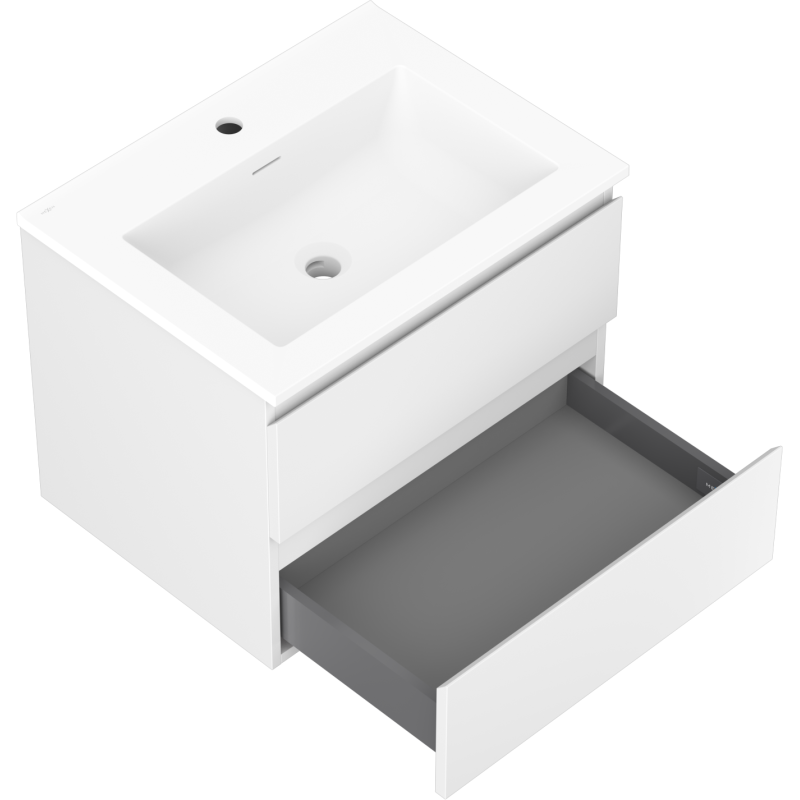 Baderomsskap med servant 60 cm hvit matt Mexen Orio med åpen skuff og grått oppbevaringsrom.