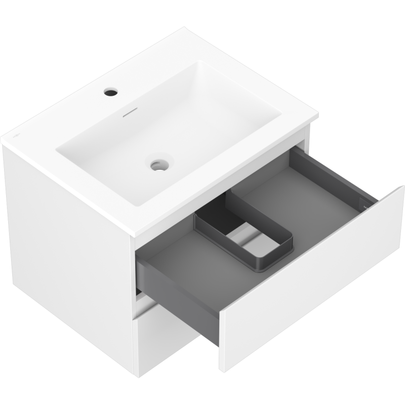 Baderomsskap med vask Mexen Orio 60 cm i hvit matt med åpen skuff og mørk grå inndeling.