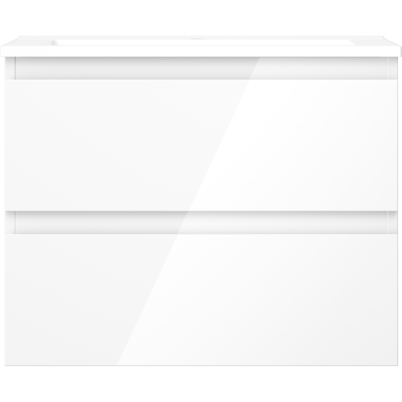 Servant med skap i hvit høyglans med to skuffer, sett rett forfra uten synlige håndtak.