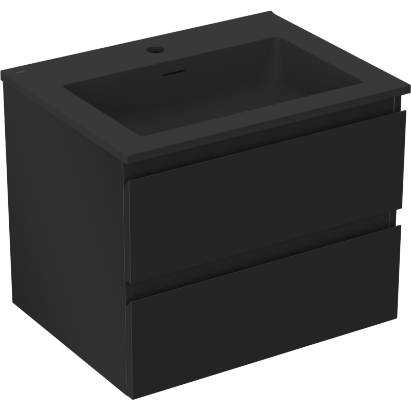 Servantskap med vask 60 cm svart matt, to skuffer, sett skrått ovenfra mot fronten.