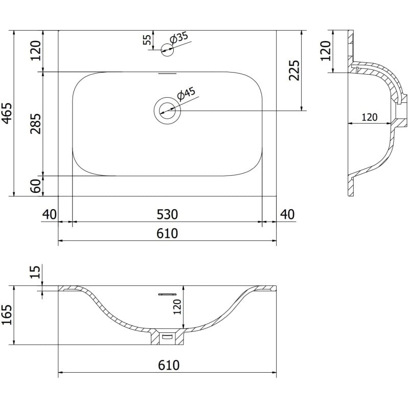 Servant med skap teknisk tegning av Mexen Orio 60 cm med mål og plassering av hull.