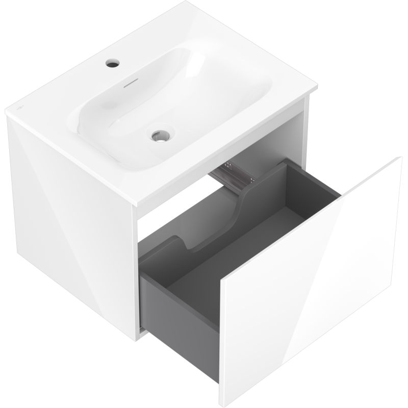 Baderomsskap med vask 60 cm Mexen Orio i hvit høyglans, én grå skuff trukket ut, sett ovenfra.