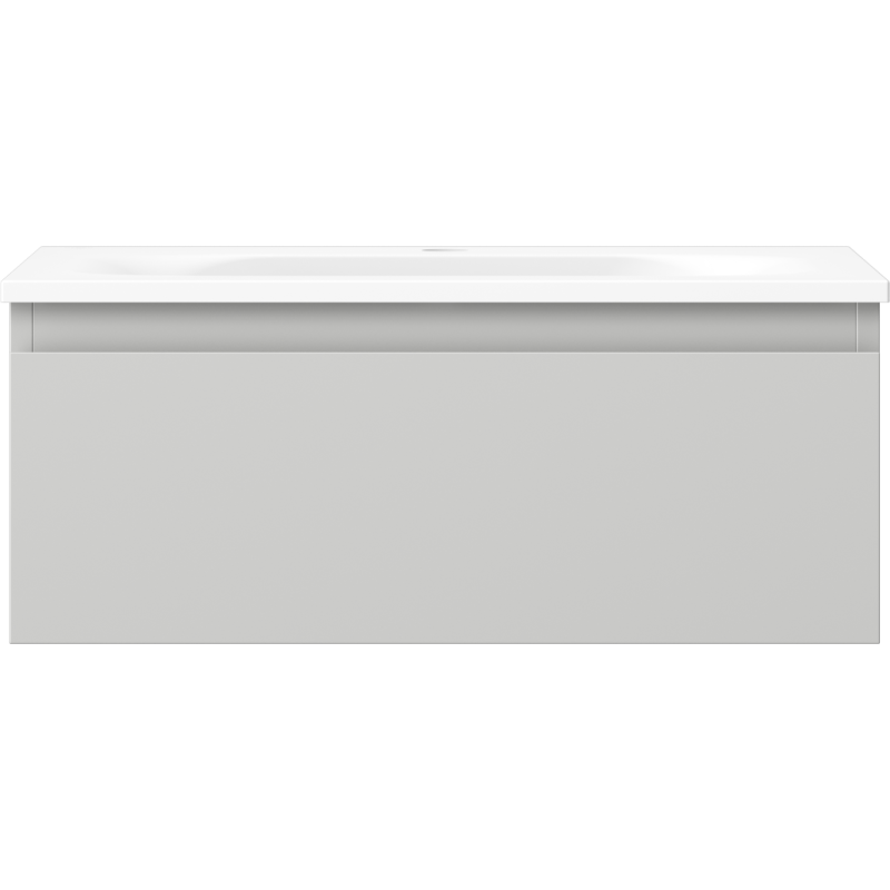 Servant med skap i lys grå matt utførelse, hvit topp og skuff uten synlige håndtak, sett forfra.