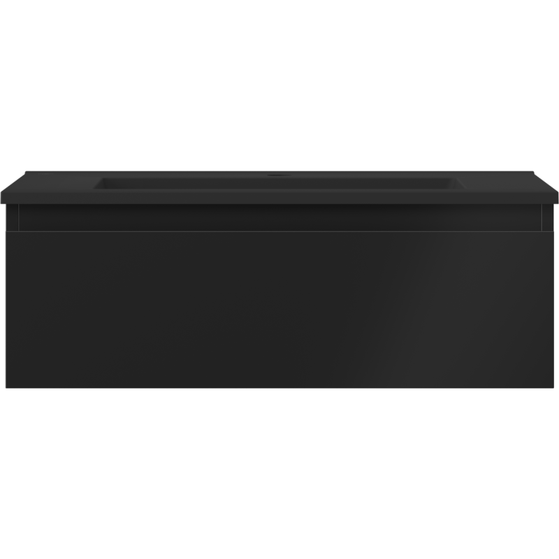 Servant med skap i svart matt finish, sett forfra, minimalistisk design uten synlige håndtak.