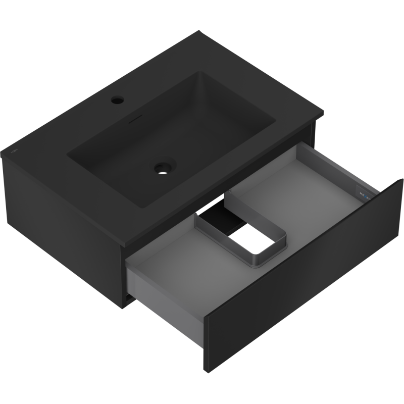 Baderomsskap med vask Mexen Orio 70 cm i svart matt med åpen skuff og integrert rektangulær servant.