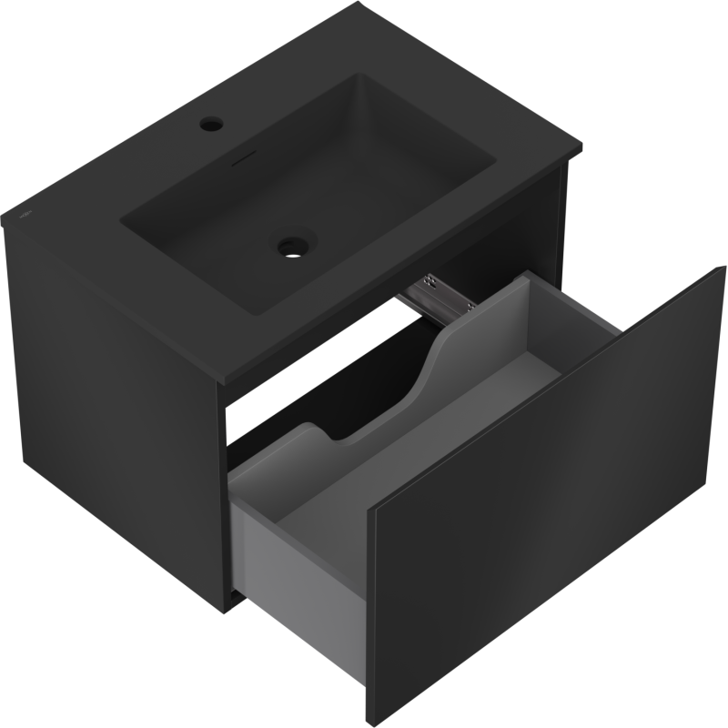 Baderomsskap med vask 70 cm svart matt med åpen skuff og utsparing for rør, sett fra skrå vinkel.