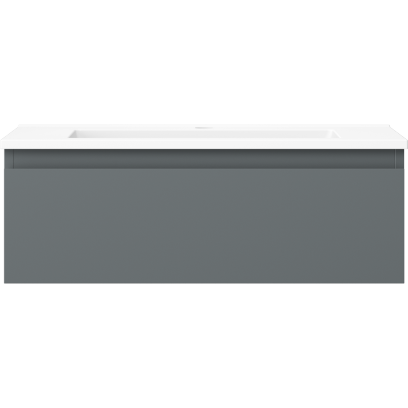 Servant med skap i grafitt matt med hvit integrert vask, sett rett forfra med minimalistisk design.