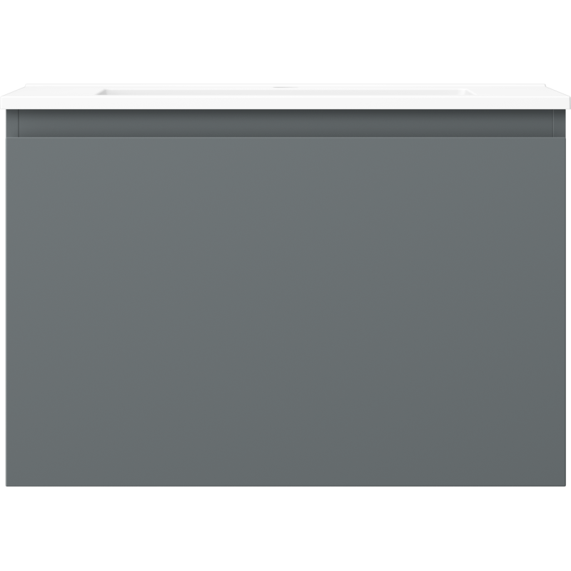 Servant med skap i grafitt matt med hvit servanttopp, sett rett forfra, minimalistisk design.