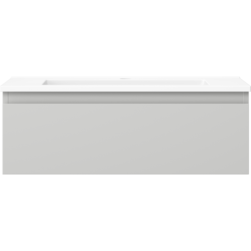 Servant med skap i lys grå matt finish, vegghengt med integrert hvit servant, sett forfra.