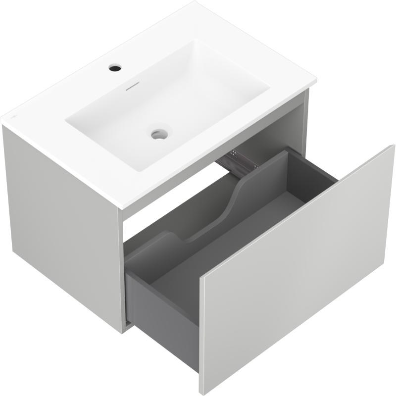 Baderomsskap med vask 70 cm Mexen Orio, skuff trukket ut, grå innside og porselensservant.