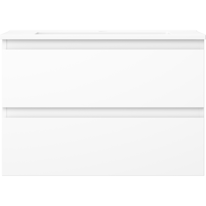 Servant med skap i hvit matt finish med to brede skuffer og minimalistisk design, sett forfra.