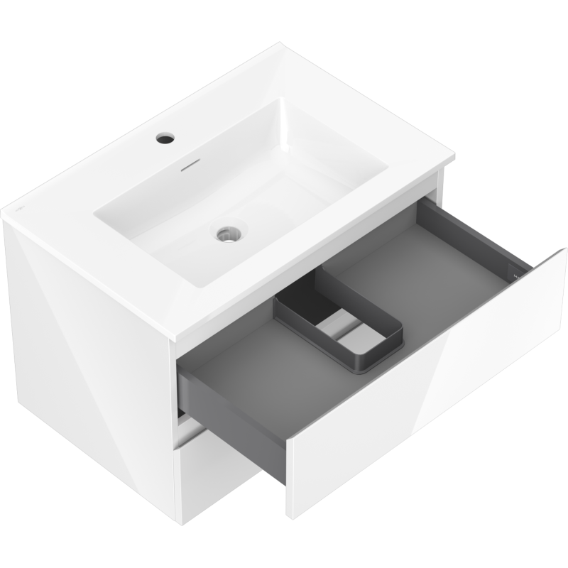 Baderomsskap med vask 70 cm Mexen Orio/Otis, skrått ovenfra med åpen skuff og grå innredning.