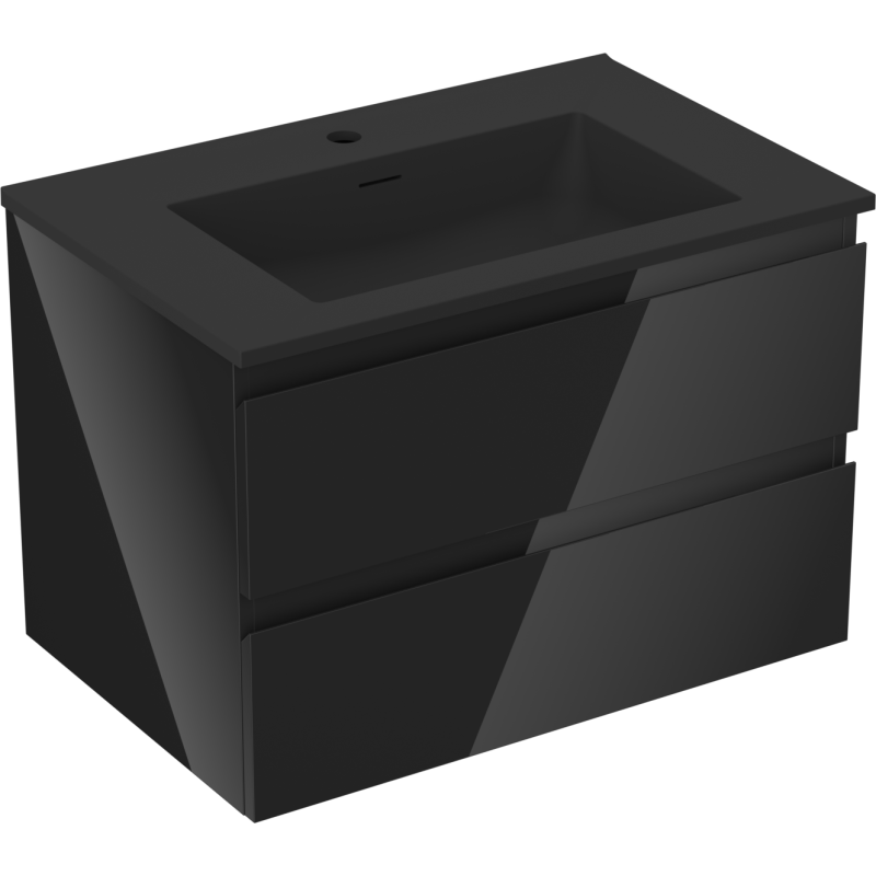 Servantskap med vask 70 cm i matt svart med to skuffer og integrert servant, sett fra skrå vinkel.