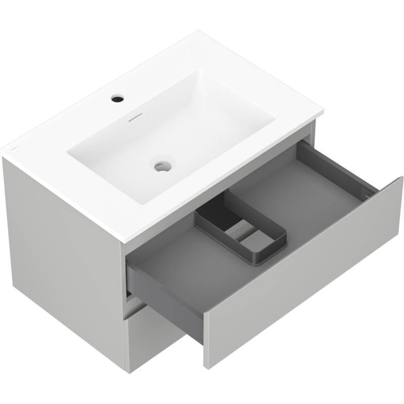 Baderomsskap med vask Mexen Orio 70 cm, grå og hvit matt, åpen skuff og porselensservant.