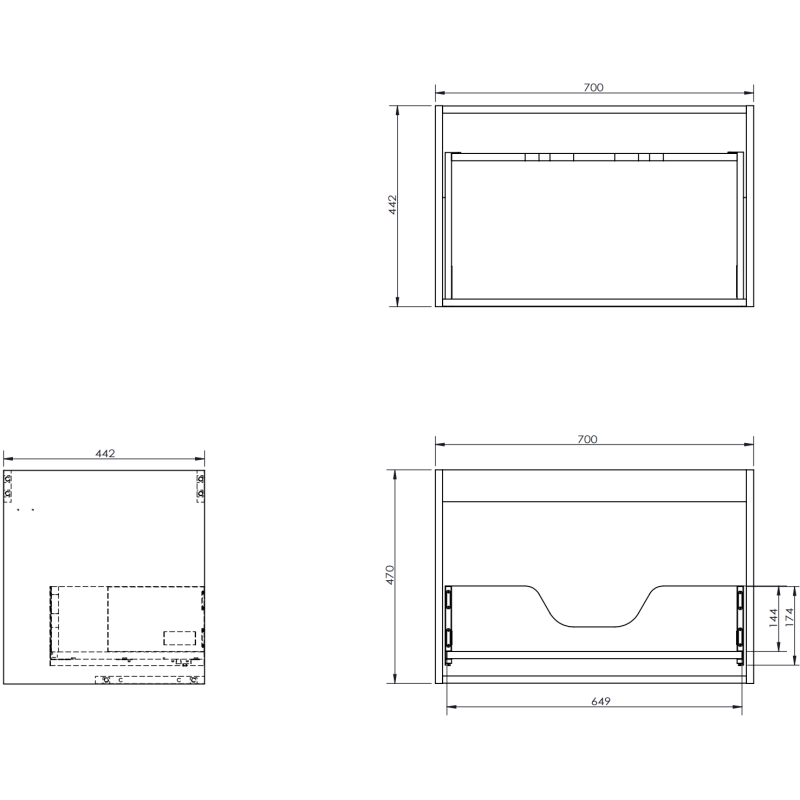 Baderomsskap med servant teknisk strektegning av Mexen Orio Vela 70 cm med mål og tre projeksjoner.