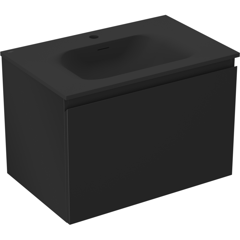 Servantskap med vask 70 cm svart matt med én skuff og integrert vask, sett skrått forfra.