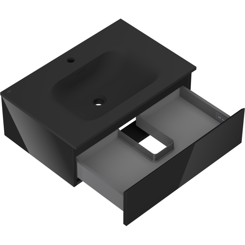 Baderomsskap med vask 70 cm svart Mexen Orio Vela med åpen skuff og synlig rørføring.