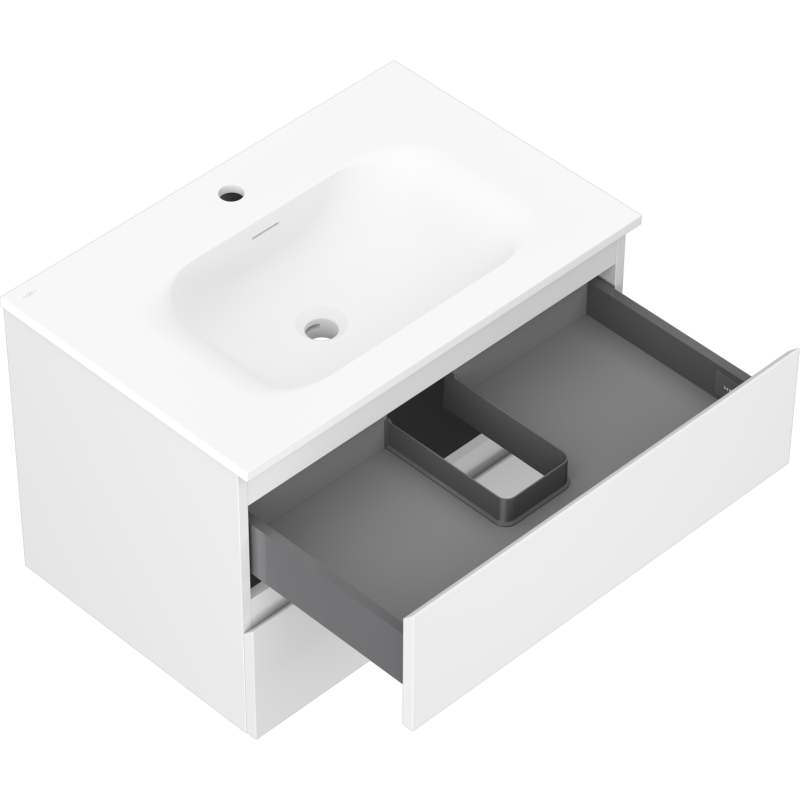 Baderomsskap med vask 70 cm hvit matt, åpen skuff med grå avdeler og synlig avløpsplass.