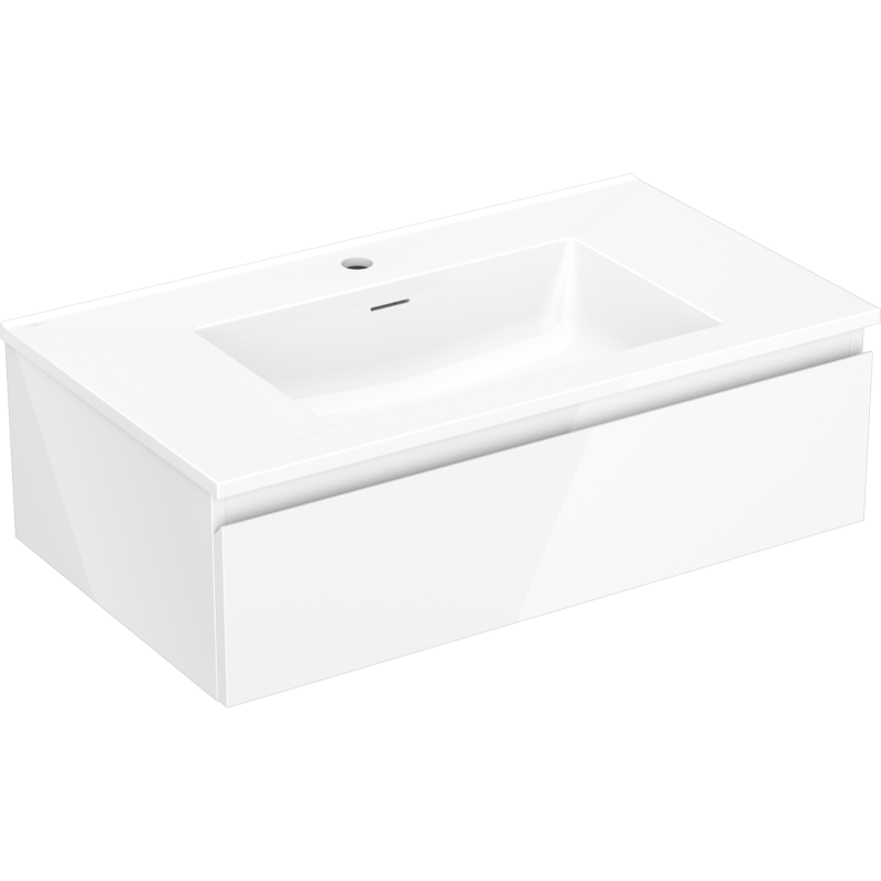 Servantskap med vask 80 cm hvit høyglans med én skuff, sett fra skrå vinkel.