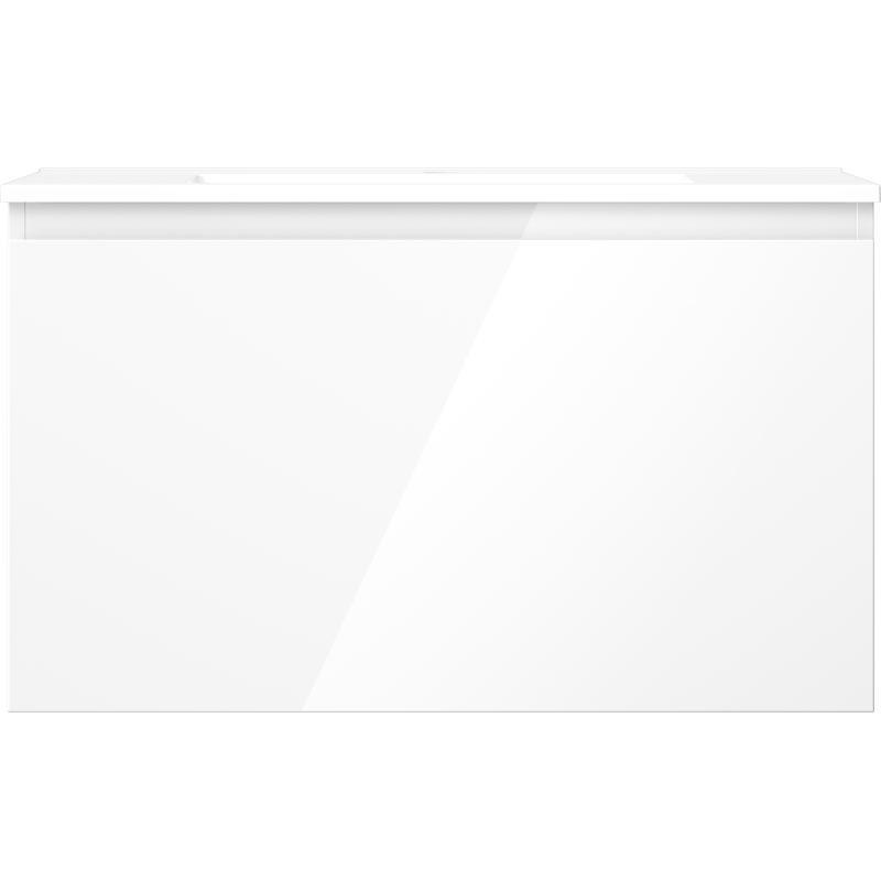 Servant med skap i hvit høyglans med én skuff, sett rett forfra.