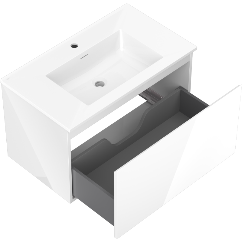 Baderomsskap med vask 80 cm i hvit høyglans med åpen grå skuff, sett skrått ovenfra.