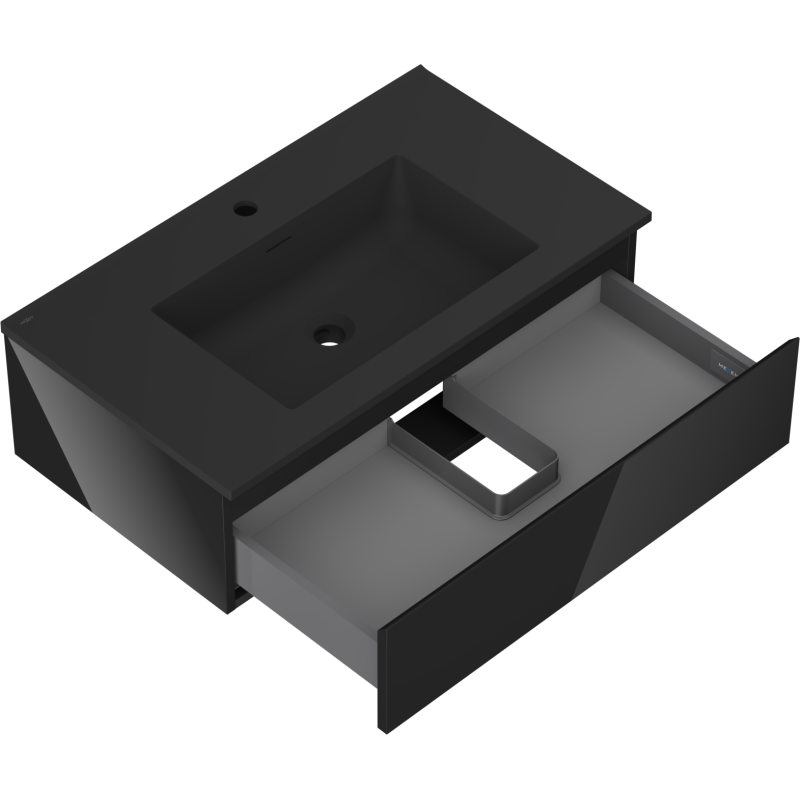 Baderomsskap med vask 80 cm i matt svart, åpen skuff med U-formet utsparing, sett fra skrå vinkel.
