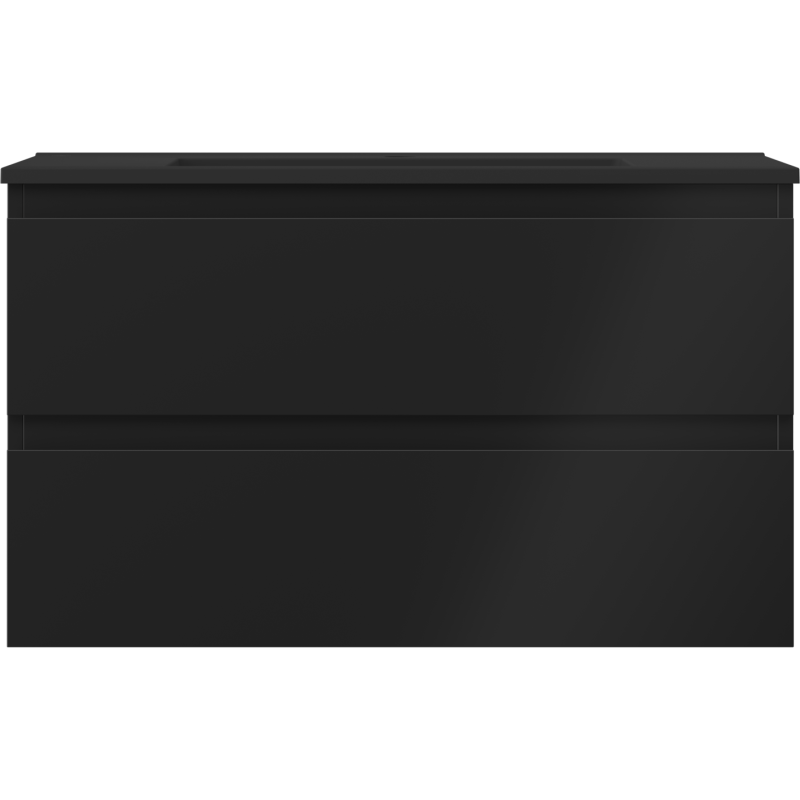 Servant med skap i svart matt finish med to brede skuffer, sett rett forfra.