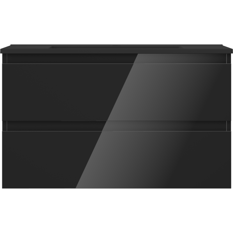 Servant med skap 80 cm svart høyglans, to skuffer, sett forfra med tydelige reflekser.