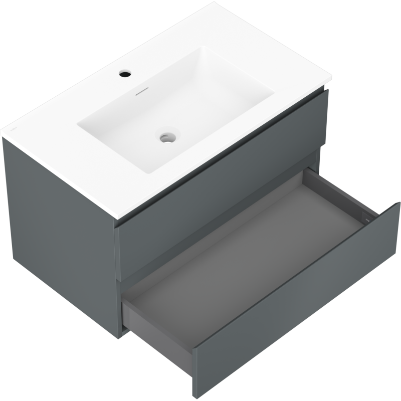 Baderomsskap med servant i grafitt og hvit matt, åpen skuff viser oppbevaringsplass under vasken.